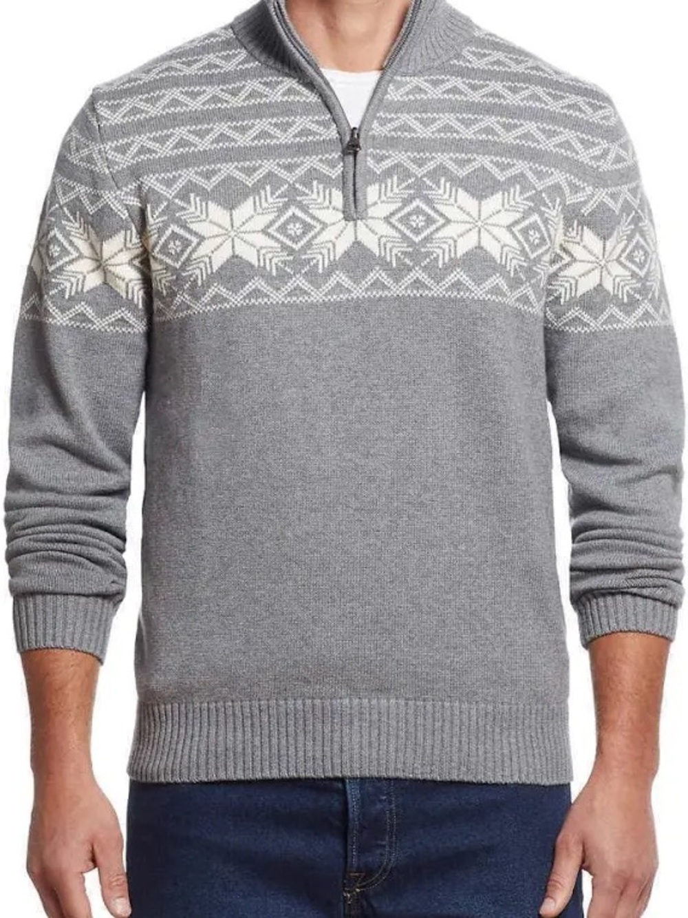 Weatherproof Vintage Men’s XXLT Fair Isle Gray Zip-Neck Nordic Pattern Sweater